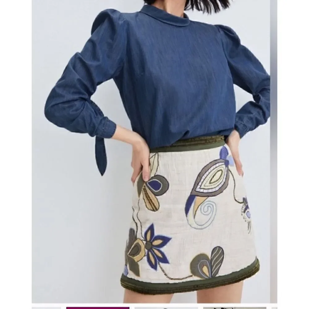 VERONICA BEARD Inga Embroidered Raw Silk Mini Skirt NWT Size 12